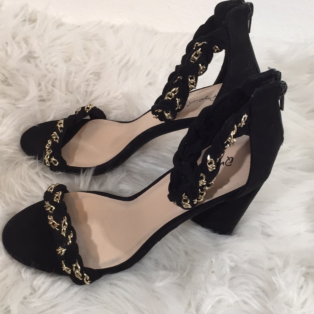 Qupid Sexy Black Braided Chain Accent Chunky Heels - Picture 10 of 16